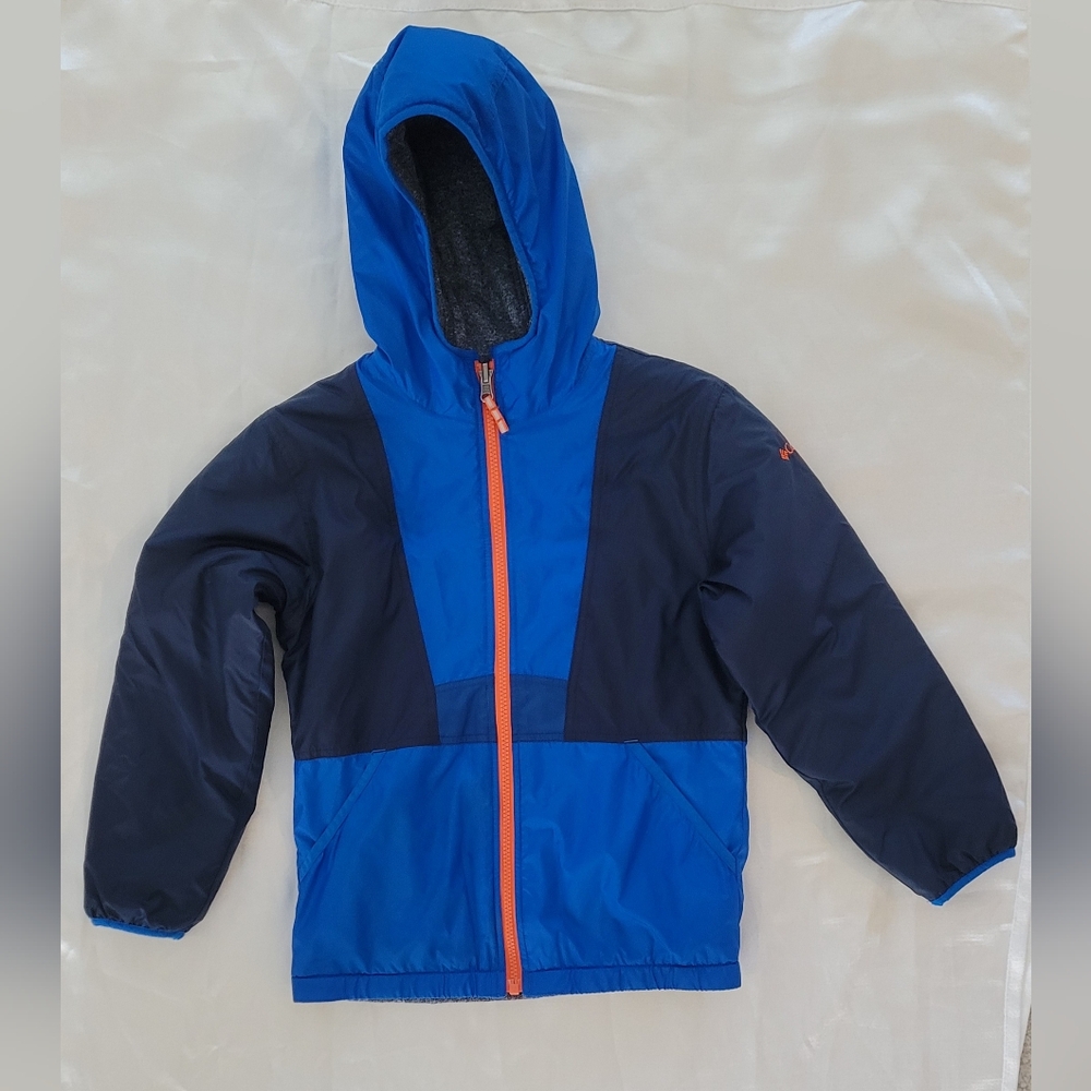 Columbia Blue Hooded Jacket with Orange Zipper Reversible